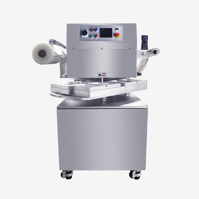 Sellador de vacío de bandeja rotaria Atmósfera modificada Máquina de envasado de piel para alimentos HVT-450R-4S