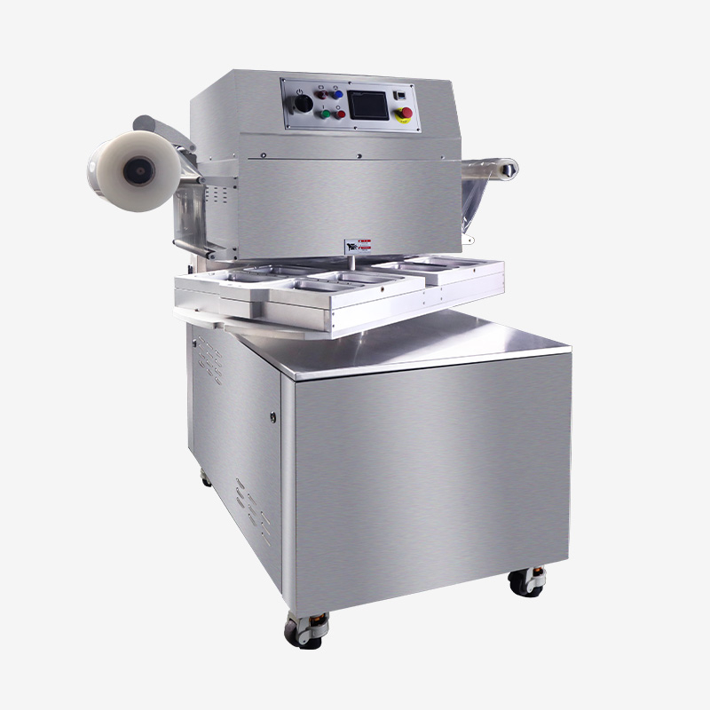 Máquina de envasado de piel de atmósfera modificada sellador al vacío de bandeja rotatoria para alimentos HVT-450R-4S